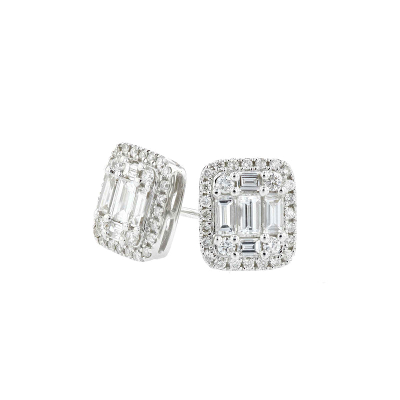 Baguette and Round Diamond Earrings, 18K White Gold